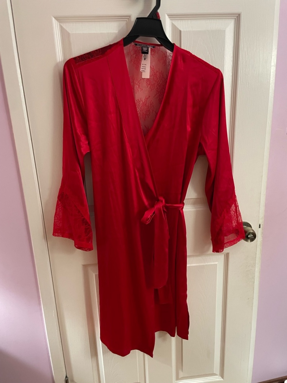 Victoria's Secret Red Satin Lace-Trim Wrap Robe